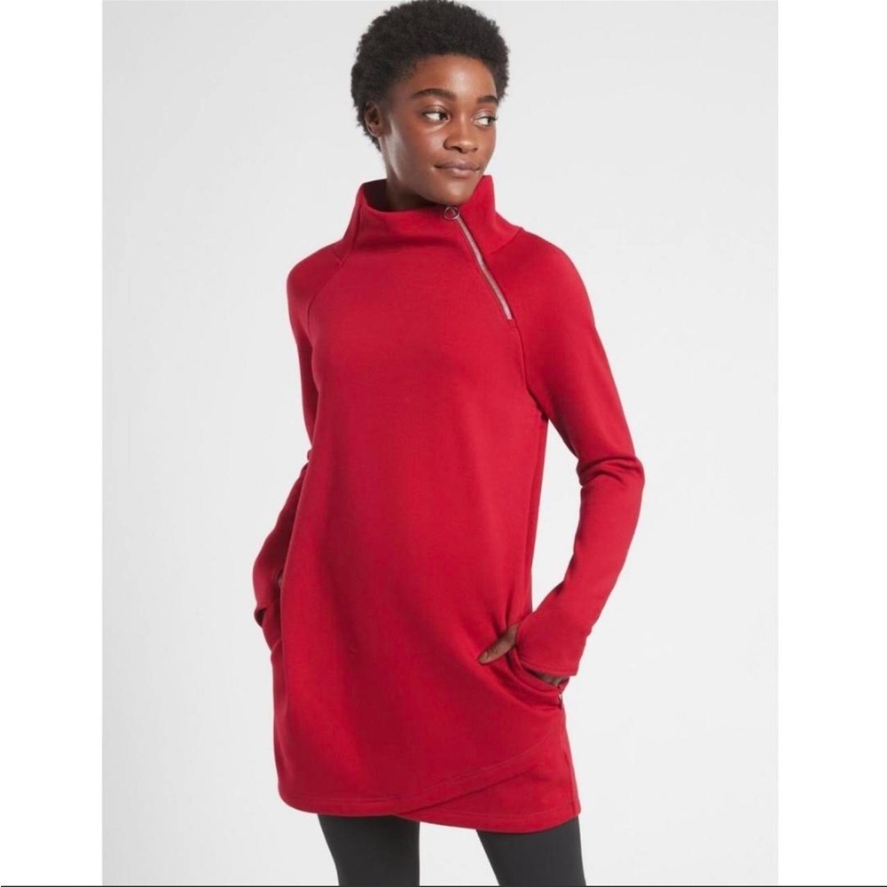Athleta Cozy Karma Asym Sweatshirt Dress Red Mock Neck Zippered Pullover
